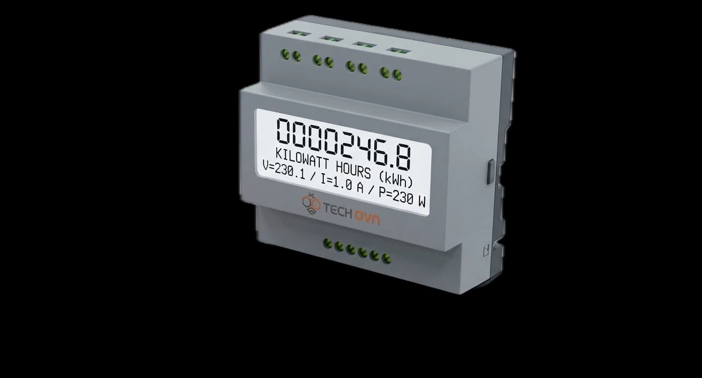 Titan — 3-phase WiFi smart energy meter with Class 0.5S accuracy on DIN rail, by Tech OVN (energy meter manufacturer India)